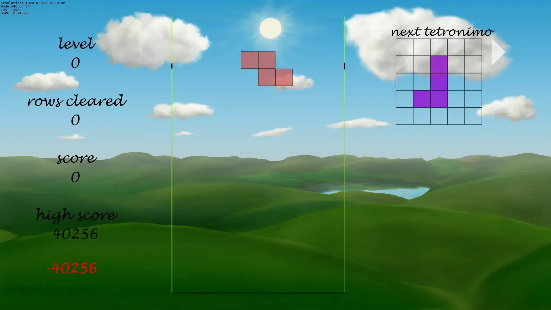 An N-shaped tetronimo just moments after the beginning of a new game.
